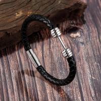 Leather Bracelet with Titanium Steel silver color plated braided bracelet & for man black 11.80mm Sold By PC