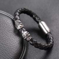 Leather Bracelet, with Titanium Steel, Skull, silver color plated, braided bracelet & different size for choice & for man, black, 8mm, Sold By PC