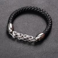 cuir PU bracelet, avec Acier titane, Placage de couleur argentée, bracelet tressé & pour homme, noire, Vendu par PC