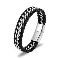 Titanium Steel Bracelet, with Leather, silver color plated, braided bracelet & for man, black, 15mm, Sold Per Approx 8.27 Inch Strand