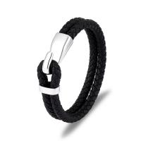 Cuir bracelet, avec Acier titane, Placage de couleur argentée, Double couche & bracelet tressé & pour homme, noire, 11.20mm, Longueur Environ 8.27 pouce, Vendu par PC