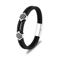 Leather Bracelet with Titanium Steel silver color plated Double Layer & braided bracelet & for man black 11.20mm Sold By PC