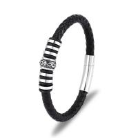 Leather Bracelet with Titanium Steel silver color plated braided bracelet & for man black 6mm Sold By PC