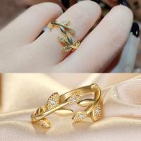Brass Cuff Finger Ring, with Cubic Zirconia, Leaf, gold color plated, for woman, golden, nickel, lead & cadmium free, 16x2mm, Sold By PC