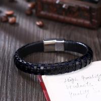 Leather Bracelet, titanium steel magnetic clasp, silver color plated, braided bracelet & for man, black, 14x24mm, Sold By PC