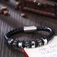Leather Bracelet, with Stainless Steel, plated, braided bracelet & different size for choice & for man, black, 12x62mm, Sold By PC