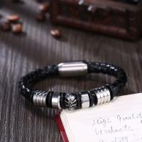 Leather Bracelet with Stainless Steel Skull plated braided bracelet & for man black Sold By PC