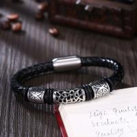 Leather Bracelet, with Titanium Steel, plated, braided bracelet & different size for choice & for man, black, 13x59mm, Sold By PC