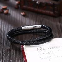 Leather Bracelet with Titanium Steel silver color plated Double Layer & braided bracelet & for man black Sold By Strand