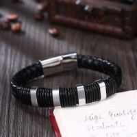 Leather Bracelet, with Titanium Steel, silver color plated, braided bracelet & different size for choice & for man, black, 15x54mm, Sold By PC
