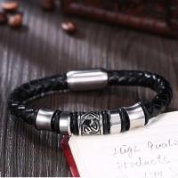 PU Leather Bracelet with Stainless Steel silver color plated braided bracelet & for man black Sold By PC