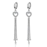 Fashion Fringe Earrings Brass Heart micro pave cubic zirconia & for woman silver color 68mm Sold By Pair