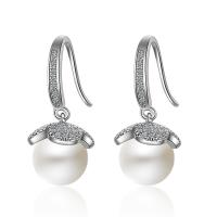 Brass Drop Earring, with pearl, micro pave cubic zirconia & for woman, silver color, 22mm, Sold By Pair