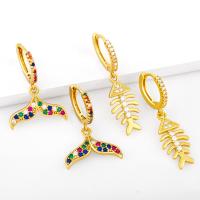 Huggie Hoop Drop Earring Brass Mermaid tail micro pave cubic zirconia & for woman Sold By Pair