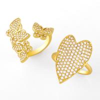 cobre Cuff Ring Finger, Coração, Ajustável & micro pavimento em zircônia cúbica & para mulher, dourado, vendido por PC
