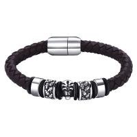Titanium Steel Bracelet with PU Leather Skull silver color plated braided bracelet & for man brown camouflage 8mm Sold By PC