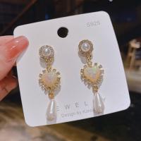 Zinc Alloy Drop Earrings with Rhinestone & Plastic Pearl 925 thailand sterling silver post pin Heart gold color plated for woman light gold color nickel lead & cadmium free Sold By Pair