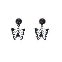 Tibetan Style Drop Earrings, with Rhinestone, 925 thailand sterling silver post pin, Butterfly, gold black plated, stoving varnish & for woman, black, nickel, lead & cadmium free, 25x35mm, Sold By Pair
