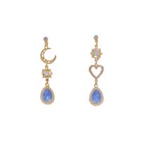 Asymmetric Earrings Zinc Alloy with Rhinestone & Plastic 925 thailand sterling silver post pin Moon gold color plated for woman & with cubic zirconia blue nickel lead & cadmium free Sold By Pair