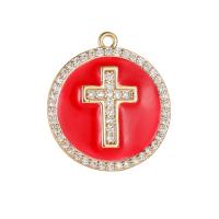 Cubic Zirconia Micro Pave Brass Pendant Flat Round gold color plated with cross pattern & micro pave cubic zirconia & enamel Sold By PC