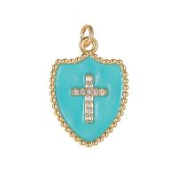Cubic Zirconia Micro Pave Brass Pendant, Shield, gold color plated, with cross pattern & micro pave cubic zirconia & enamel, more colors for choice, 14x21mm, Sold By PC