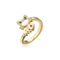 Brass Cuff Finger Ring, Cat and Fish, 18K gold plated, Adjustable & micro pave cubic zirconia, 18mm, Sold By PC