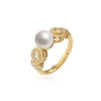 Cubic Zirconia Micro Pave Brass Ring with Plastic Pearl 18K gold plated Adjustable & micro pave cubic zirconia 7mm Sold By PC