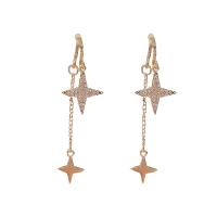 Tibetan Style Drop Earrings, with Rhinestone, 925 thailand sterling silver post pin, Star, gold color plated, for woman, golden, 18x60mm, Sold By Pair