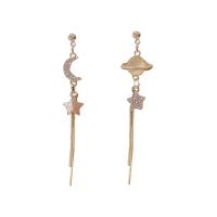 Asymmetric Earrings, Tibetan Style, with Cats Eye & Rhinestone, 925 thailand sterling silver post pin, Moon and Star, gold color plated, for woman, golden, 15x80mm, Sold By Pair