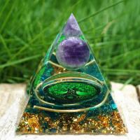 Resin Pyramid Decoration, with Natural Gravel & Gold Foil & brass wire & Amethyst, epoxy gel, 60mm, Sold By PC