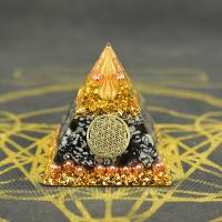 Resin Pyramid Decoration, with Gold Foil & brass wire & Snowflake Obsidian, epoxy gel, 60mm, Sold By PC