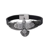 cuir PU bracelet, avec acier inoxydable, aigle, Placage de couleur argentée, normes différentes pour le choix & motif tissé & pour homme, noire, Vendu par PC