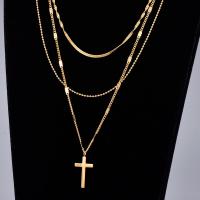 Multi слой ожерелье, Нержавеющая сталь 316, Kресты, плакирован золотом, три слоя & Елочка цепь & мяч цепь & Женский, Золотой, 14x7mm, длина:Приблизительно 40 см, продается PC