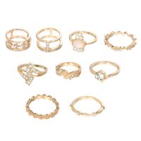 Cink Alloy Ring Set, Cink ötvözet, arany színű aranyozott, kilenc darab & a nő & strasszos, 17mm,15mm,16mm,145mm, Által értékesített Set