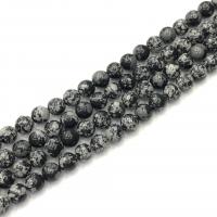 Perles obsidiennes flocon de neige, obsidien flocon de neige, Rond, poli, DIY, noire, Vendu par 38 cm brin