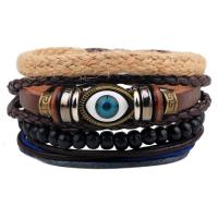 Evil Eye Jewelry Bracelet Cowhide with waxed cord & Linen & Wood fashion jewelry & multilayer & for man Inner Approx 60mm Length 7.87 Inch Sold By PC