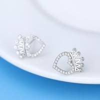 Brass Stud Earring Crown plated for woman & with rhinestone silver color nickel lead & cadmium free 16mm Sold By Pair