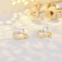 Brass Stud Earring with Plastic Pearl Safety Pin plated for woman & with cubic zirconia golden nickel lead & cadmium free Sold By Pair