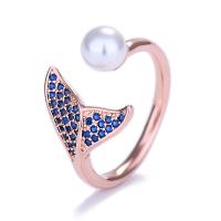 Brass Cuff Finger Ring, with Cubic Zirconia & Plastic Pearl, Mermaid tail, plated, for woman, more colors for choice, nickel, lead & cadmium free, 18x14mm, Sold By PC