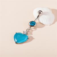 Stainless Steel Belly Ring, with Cats Eye, Heart, silver color plated, for woman & with cubic zirconia, blue, 3x11mm, Sold By PC