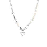 Zinc Alloy Jewelry Necklace with Plastic Pearl silver color plated oval chain & for woman silver color Length Approx 44 cm Sold By PC