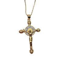 Cubic Zircon Micro Pave Brass Necklace, with 1.96 inch extender chain, Crucifix Cross, 18K gold plated, micro pave cubic zirconia & for woman, 24.50x40mm, Length:Approx 17.72 Inch, Sold By PC