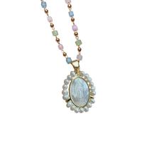 Natural Gemstone Necklace, Brass, with Gemstone & White Shell & Freshwater Pearl, with 1.96 inch extender chain, Virgin Mary, 18K gold plated, micro pave cubic zirconia & for woman, multi-colored, 22.40x28.80mm, Length:Approx 17.72 Inch, Sold By PC