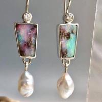 Tibetan Style Drop Earrings, with Artificial Opal & Plastic Pearl, plated, fashion jewelry & for woman & with rhinestone, 47x11mm, Sold By Pair