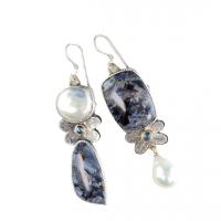 Natural Gemstone Earrings, Tibetan Style, with Artificial Opal & Plastic Pearl, plated, fashion jewelry & for woman & with rhinestone, 52x11.50mm, Sold By Pair