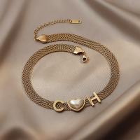 Fashion Choker Necklace Titanium Steel with Plastic Pearl with 5cm extender chain Alphabet Letter gold color plated & for woman golden Length Approx 43 cm Sold By PC
