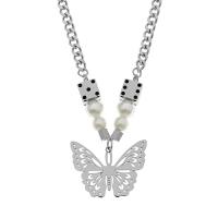 Titanium Steel Necklace with Plastic Pearl with 5cm extender chain Butterfly polished Unisex & curb chain silver color Length Approx 50 cm Sold By PC