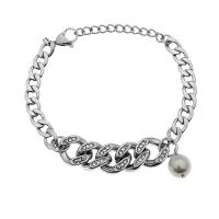 Titanium Steel Bracelet & Bangle, with Rhinestone & Plastic Pearl, with 5cm extender chain, silver color plated, Unisex & curb chain, silver color, Length:Approx 17 cm, Sold By PC