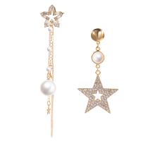 Asymmetric Earrings, Tibetan Style, with Plastic Pearl, plated, micro pave cubic zirconia & for woman, more colors for choice, 6.2cm,11.5cm, Sold By Pair