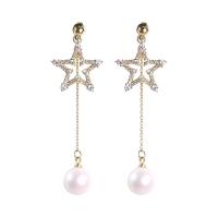 Brass Drop Earring with Plastic Pearl gold color plated for woman & with rhinestone 60mm Sold By Pair